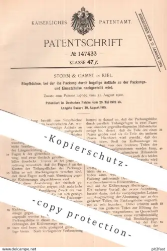 original Patent - Storm & Gamst , Kiel | 1902 | Stopfbüchse | Stopfbüchsen | Hülsen | Dichtung , Abdichten