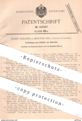 original Patent - Harry Parsons , Brixton Hill , County of London , England | 1902 | Schutz von Radreifen | Reifen Rad