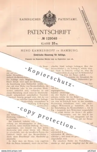 original Patent - Meno Kammerhoff , Hamburg | 1900 | Elektrische Steuerung für Aufzüge | Aufzug , Fahrstuhl , Hebezeug