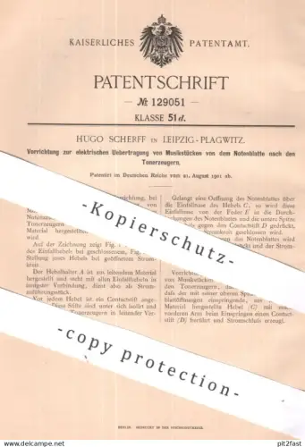 original Patent - Hugo Scherff , Leipzig / Plagwitz | 1901 | elektr. Übertragung von Musikstück | Musik , Noten , Ton !