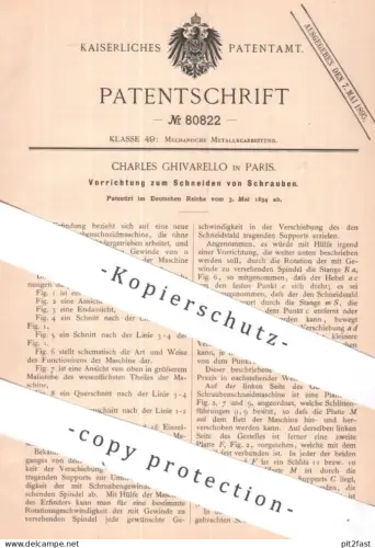 original Patent - Charles Chivarello , Paris , Frankreich | 1894 | Schneiden von Schrauben | Schraube , Metall , Stahl !
