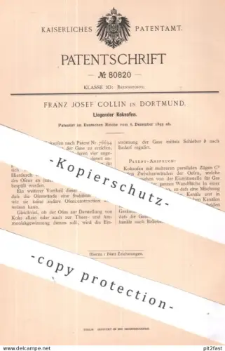 original Patent - Franz Josef Collin , Dortmund | 1893 | Liegender Koksofen | Ofen , Öfen , Gas , Kohle Koks , Ofenbauer