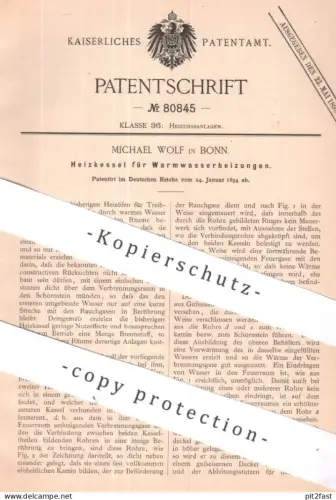 original Patent - Michael Wolf , Bonn | 1894 | Heizkessel für Warmwasserheizungen | Wasserkessel , Heizung , Ofen , Öfen