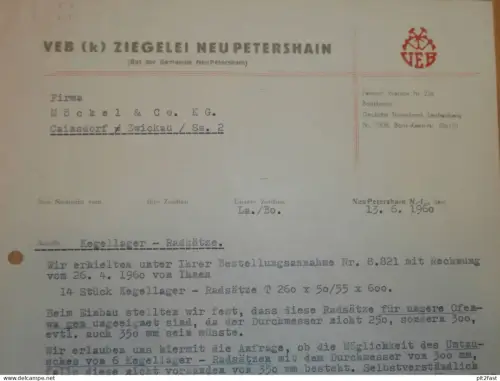 VEB Ziegelei Neu Petershain , DDR , 1960 , altes Dokument , Reklame / Werbung !!