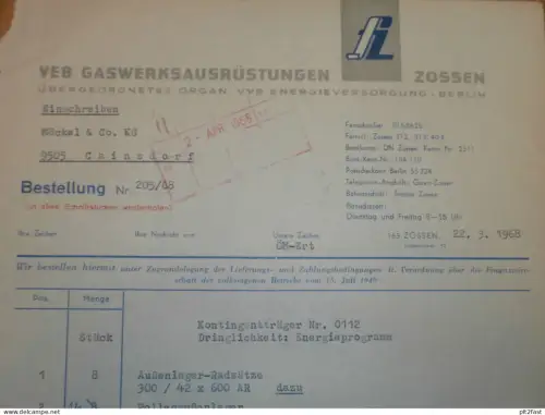 VEB Gaswerk-Ausrüstungen Zossen , 1968 ,  Herr Köhler , Herr Ertelt , altes Dokument , Reklame / Werbung !!