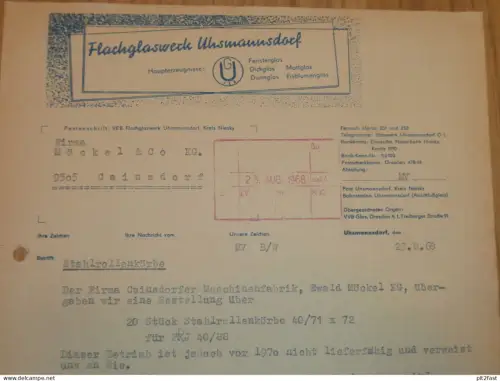 Flachglaswerk Uhsmannsdorf b. Rothenburg , 1968 ,  altes Dokument , Reklame / Werbung !!