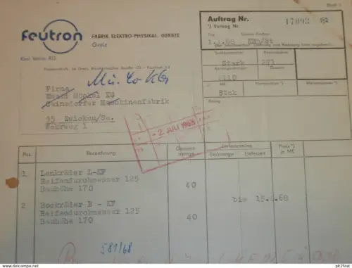 FEUTRON Fabrik in Greiz , DDR , 1968 , Herr Stark , Rechnung , Reklame / Werbung