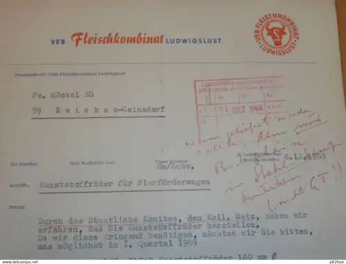 Fleischkombinat Ludwigslust , DDR , 1968 , Herr Marschmeyer , Rechnung , Reklame / Werbung