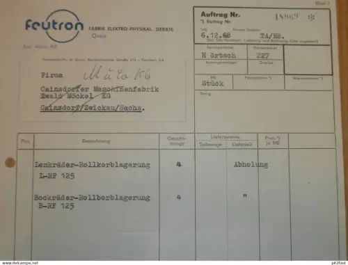 FEUTRON Fabrik in Greiz , DDR , 1968 , Herr Hörtsch , Rechnung , Reklame / Werbung