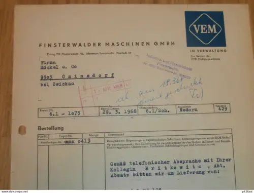 Maschinen GmbH Finsterwalde , DDR , 1968 , Herr Reichert , Herr Nedorn , Rechnung , Reklame / Werbung
