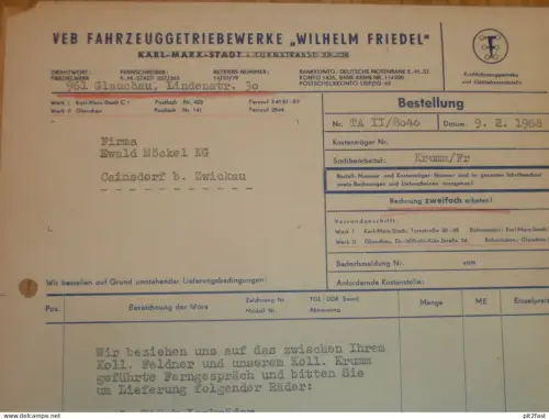 VEB Getriebewerke "Wilhelm Freidel" in Glauchau , DDR , 1968 , Herr Krumm , Rechnung , Reklame / Werbung