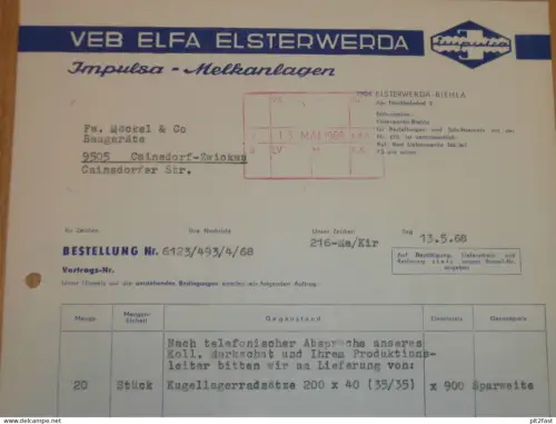 VEB ELFA Elsterwerda - Impulsa - Melkanlagen in Biehla , DDR , 1968 , Herr Ruick , Rechnung , Reklame / Werbung