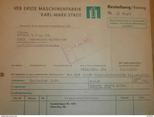 VEB Erste Maschinenfabrik Karl-Marx-Stadt , DDR , 1968 , Herr Spielmann , Herr Stapelfeld , Rechnung , Reklame / Werbung
