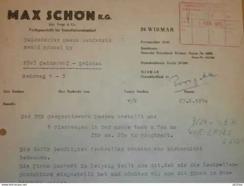 Installationsbedarf - Max Schön KG / Voigt & Co. in Wismar , DDR , 1970 , Rechnung , Reklame / Werbung