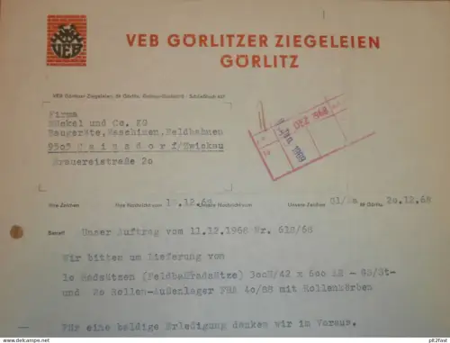 VEB Ziegelei Görlitz , DDR , 1968 , Rechnung , Reklame / Werbung