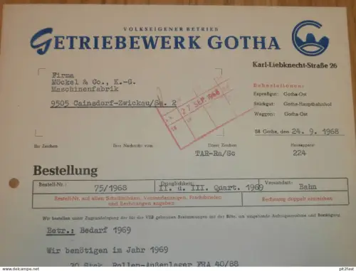 VEB Getriebewerk Gotha , DDR , 1968 , Herr Linke , Herr Terstegen , Rechnung , Reklame / Werbung