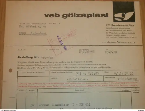 VEB Gölzaplast in Weißandt - Gölzau b. Köthen , 1968 , Herr Hassel , Herr Stolz , Rechnung , Reklame / Werbung