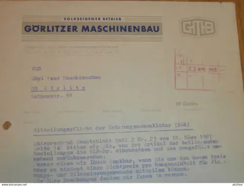 VEB Maschinenbau Görlitz , 1968 , Rechnung , Reklame / Werbung