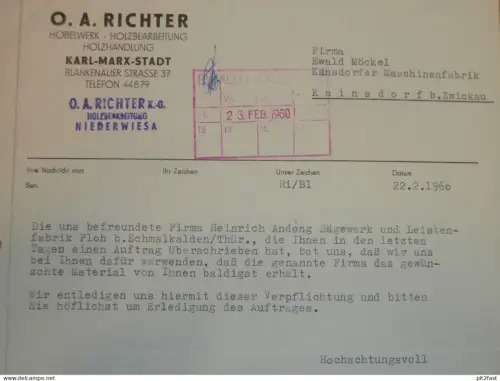 Hobelwerk  - O.A. Richter in Niederwiesa b. Flöha , 1960 , Rechnung , Reklame / Werbung