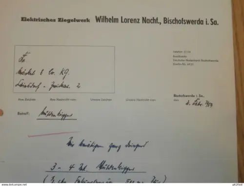 elektrische Ziegelwerk - Wilhelm Lorenz in Bischofswerda i. Sa. , DDR , 1959 , altes Dokument , Reklame / Werbung