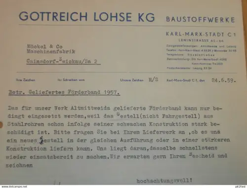Baustoffwerke - Gottreich Lohse KG in Karl-Marx-Stadt , DDR , 1959 , altes Dokument , Reklame / Werbung