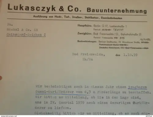 Baugeschäft - Lukasczyk & Co. in Bad Freienwalde , DDR , 1959 ,Herr Hauffe , altes Dokument , Reklame / Werbung