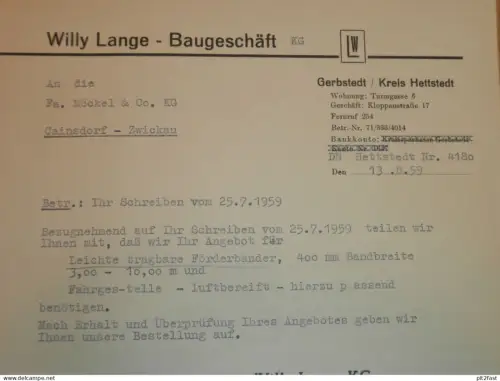 Baugeschäft - Willy Lange in Gerbstedt b. Hettstedt , DDR , 1959 , altes Dokument , Reklame / Werbung