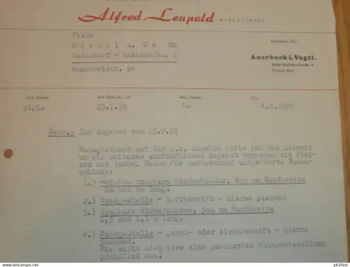 Baugeschäft - Alfred Leupold in Auerbach i.V. , DDR , 1959 , altes Dokument , Reklame / Werbung