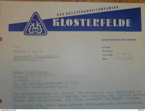 VEB Holzverarbeitung Klosterfelde b. Berlin , DDR , 1959 , Herr Sitzlach , altes Dokument , Reklame / Werbung
