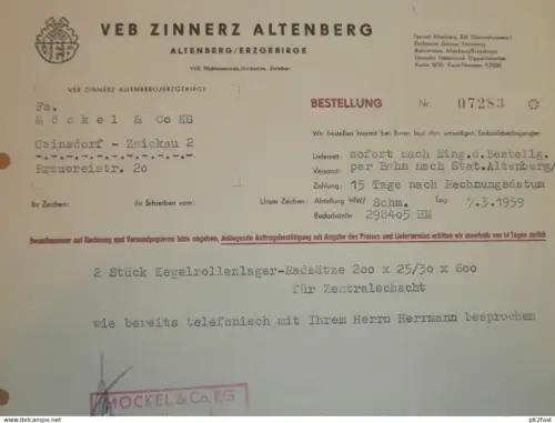 VEB Zinnerz Altenberg i. Erzgebirge , DDR , 1959 , Herr Mehnert , Herr Schmidt , altes Dokument , Reklame / Werbung
