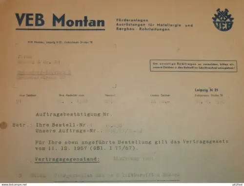 VEB MONTAN in Leipzig , DDR , 1960 , Herr Wadewitz , Herr Lasch , altes Dokument , Reklame / Werbung