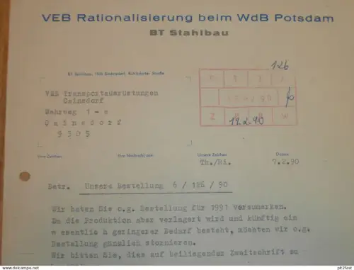 VEB Rationalisierung - Stahlbau Potsdam , DDR , 1990 , Herr Thomas , altes Dokument , Reklame / Werbung