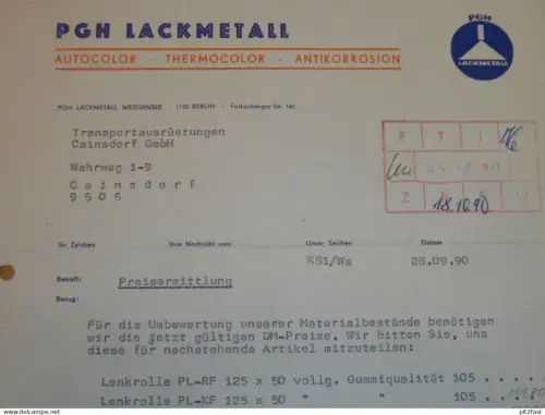 PGH Lackmetall Weissensee , Berlin , DDR , 1990 , Herr Wanzek , altes Dokument , Reklame / Werbung
