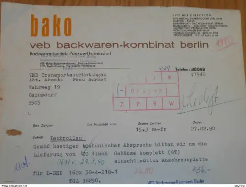 BAKO - Backwarenkombinat Berlin - Pankow , DDR , 1990 , Herr Nippold , Herr Retzlaff ,altes Dokument , Reklame / Werbung