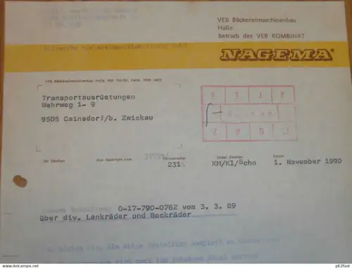 NAGEMA - VEB Bäckereimaschinenbau in Halle , DDR,1990 Fr. Czeglarw , Fr. Kleinwächter altes Dokument , Reklame / Werbung