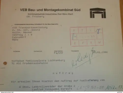 VEB Montagekombinat Süd in Karl-Marx-Stadt , DDR ,1990 ,Freiberg , Beyer , Fischer altes Dokument , Reklame / Werbung