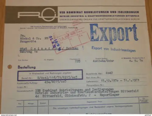 VEB Kombinat Rohrleitungen und Isolierungen in Bitterfeld , DDR ,1970 ,Herr Hartung , altes Dokument , Reklame / Werbung