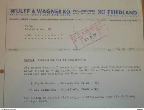 Ofenbau - Wulff & Wagner KG in Friedland i. Meckl. , DDR , 1970 , altes Dokument , Reklame / Werbung