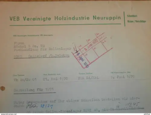 VEB Holzindustrie Neuruppin , DDR , 1970 , Herr Papenfuß , altes Dokument , Reklame / Werbung