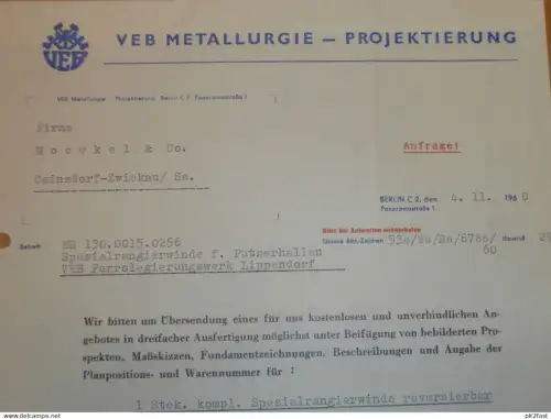 VEB Metallurgie in Berlin , DDR , 1960 , Herr Schulze , Herr Wegener , altes Dokument , Reklame / Werbung