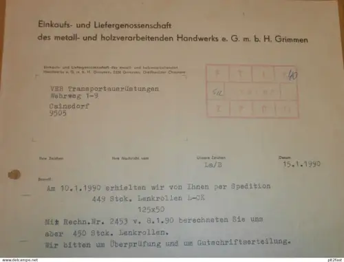 Liefergenossenschaft Grimmen , DDR , 1990 , Herr Studier , Herr Kolbow , altes Dokument , Reklame / Werbung