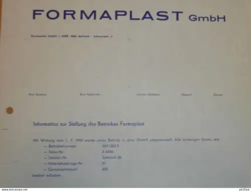 FORMAPLAST GmbH in Sohland , DDR , 1990 , Herr Schwarzer , altes Dokument , Reklame / Werbung