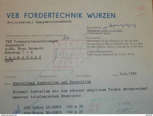 VEB Fördertechnik Wurzen in Langenreichenbach , 1990 , Herr Winkler , altes Dokument , Reklame / Werbung