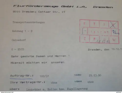 Flurförderderzeuge GmbH in Dresden , 1990 ,  Herr Schamfuß , Herr Böhme , altes Dokument , Reklame / Werbung