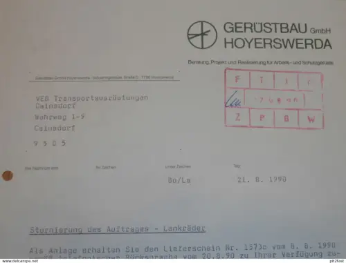Gerüstbau Hoyerswerda GmbH , 1990 ,  Herr Dudek , altes Dokument , Reklame / Werbung