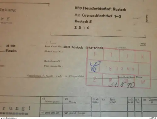 VEB Fleischwirtschaft Rostock - Bramow , 1990 ,  altes Dokument , Reklame / Werbung