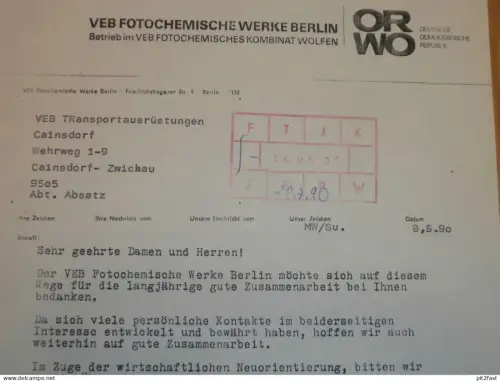 ORWO - VEB Fotochemische Werke Berlin in Wolfen , 1990 , Hr. Zielske , Hr. Rosenkranz altes Dokument , Reklame / Werbung