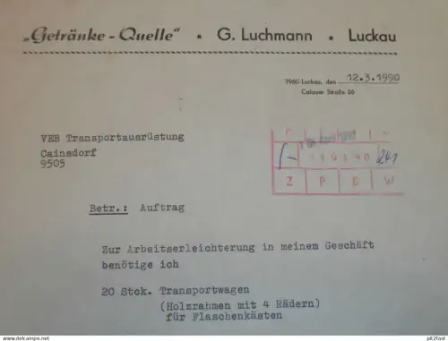 Getränke-Quelle - G. Luchmann in Luckau , 1990 , altes Dokument , Reklame / Werbung !!