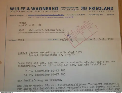 Werkstatt für Ofenbau - Wulff & Wagner KG in Friedland i. Meckl. , 1970 , altes Dokument , Reklame / Werbung !!