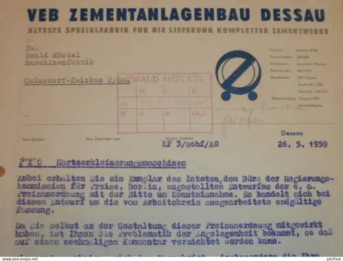 VEB Zementanlagenbau Dessau , 1959 , Herr Scharf , altes Dokument , Reklame / Werbung
